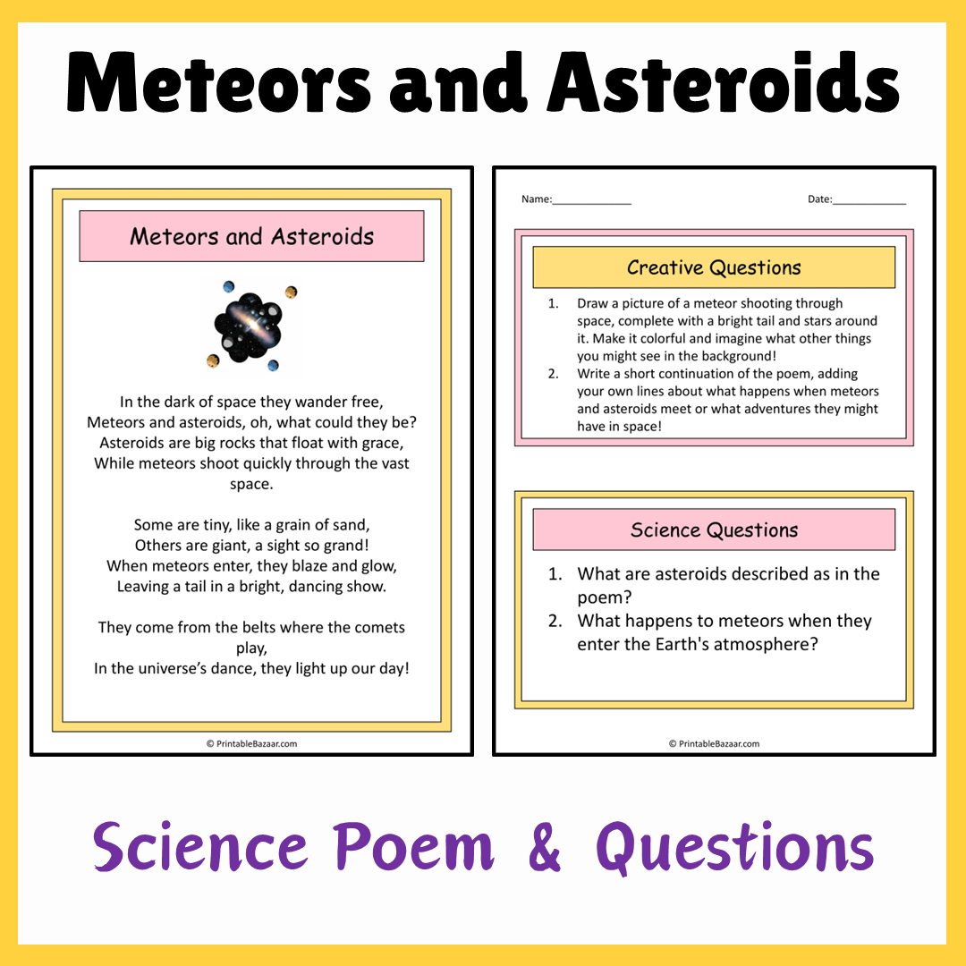 Meteors and Asteroids | Science Poem Reading Comprehension Activity