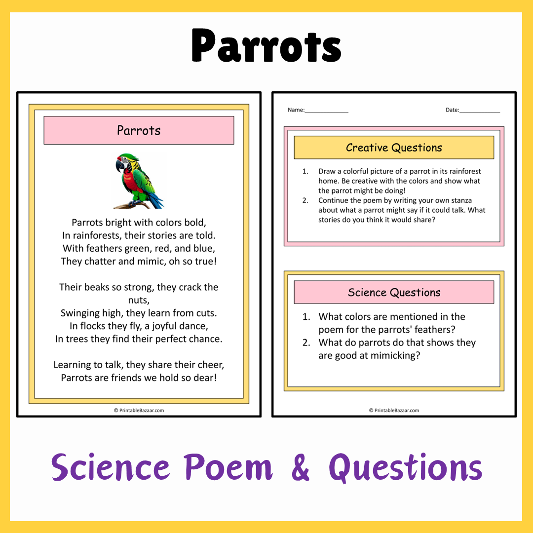Parrots | Science Poem Reading Comprehension Activity