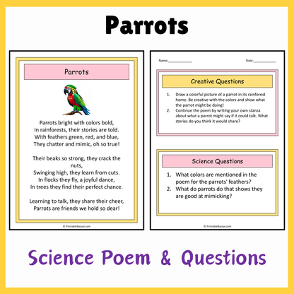 Parrots | Science Poem Reading Comprehension Activity