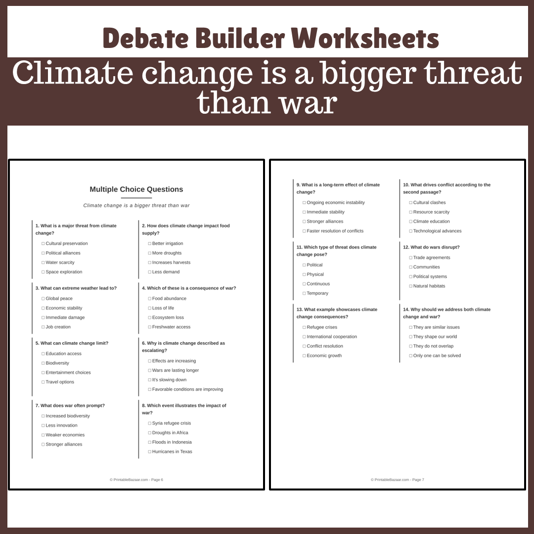 Climate change is a bigger threat than war | Favour and Against Worksheet Printable Activity