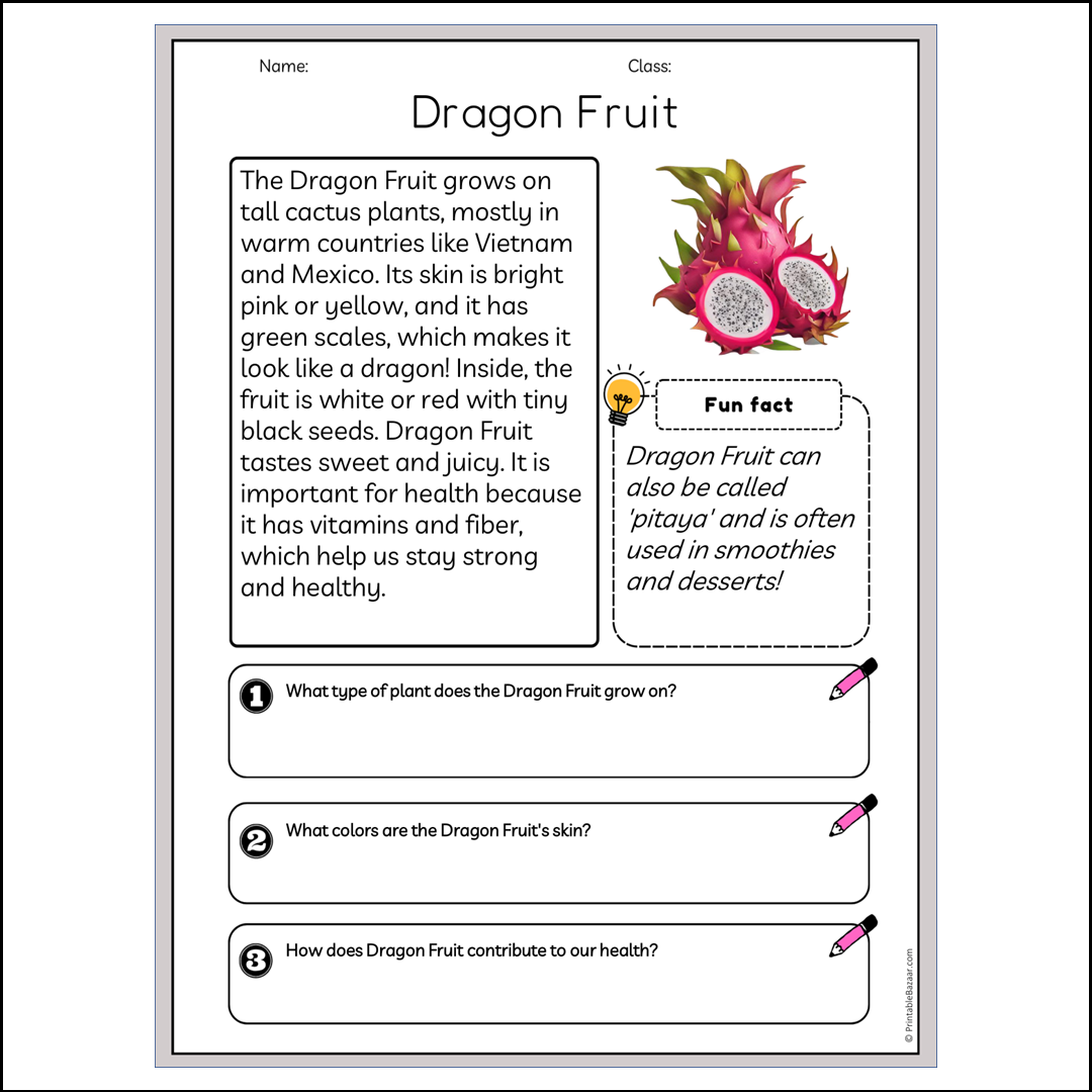 Dragon Fruit | Reading Passage Comprehension Questions Writing Facts Worksheet