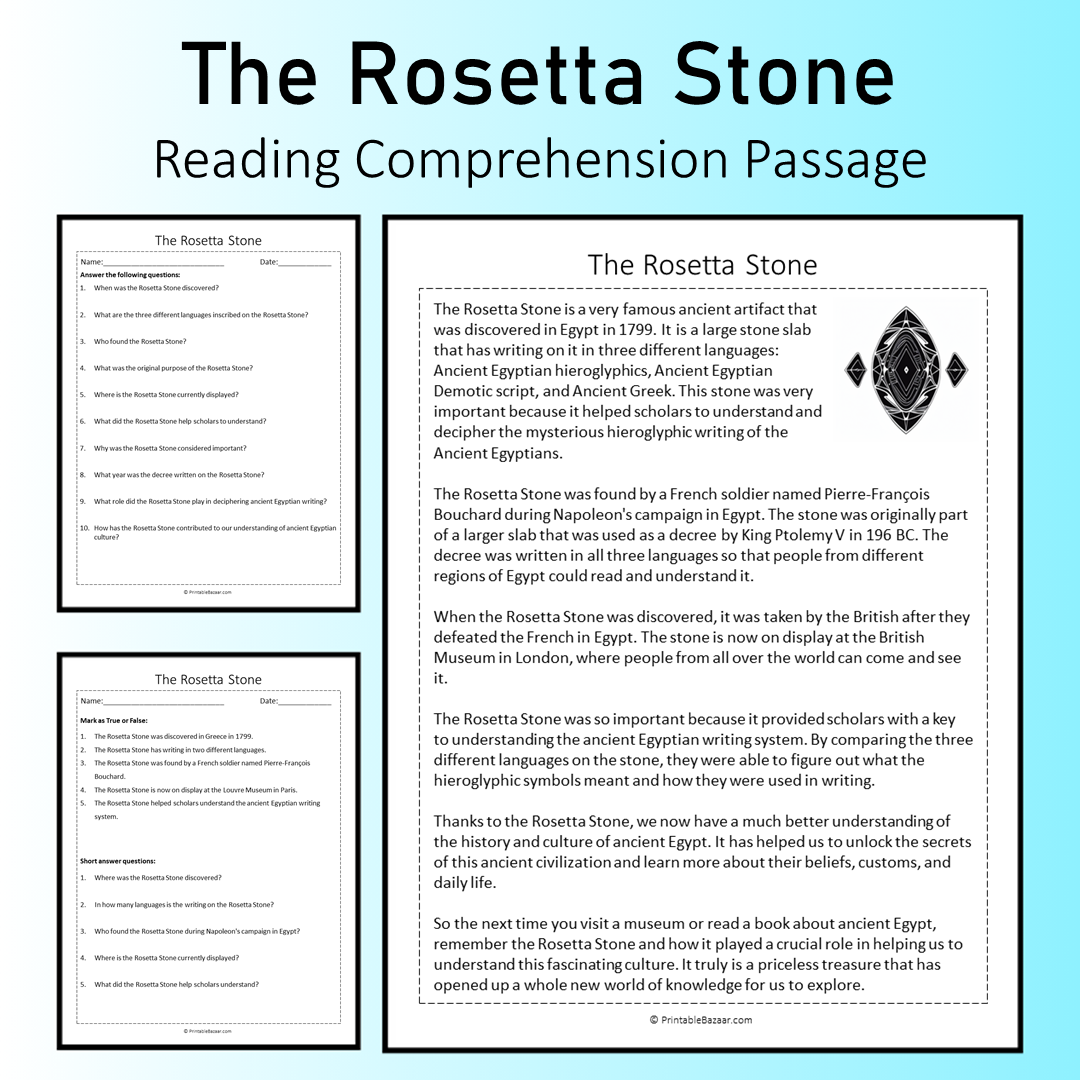 The Rosetta Stone | Reading Comprehension Passage Printable Worksheet