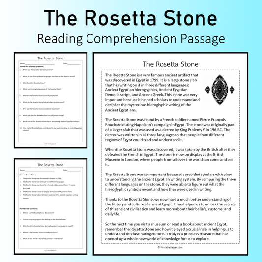 The Rosetta Stone | Reading Comprehension Passage Printable Worksheet