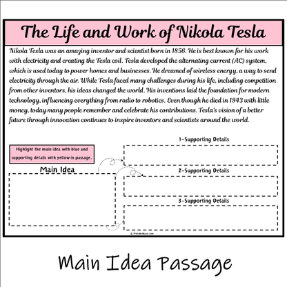 The Life and Work of Nikola Tesla | Main Idea and Supporting Details Reading Passage and Questions