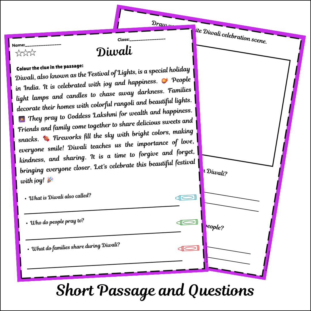 Diwali | Short Reading Comprehension Creative Worksheet