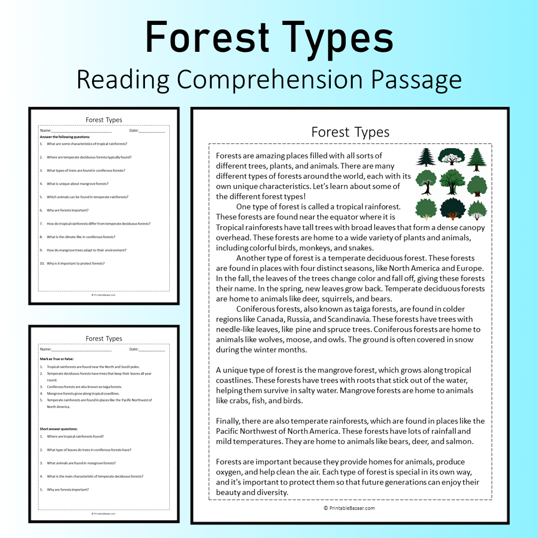 Forest Types | Reading Comprehension Passage Printable Worksheet