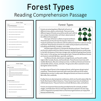 Forest Types | Reading Comprehension Passage Printable Worksheet