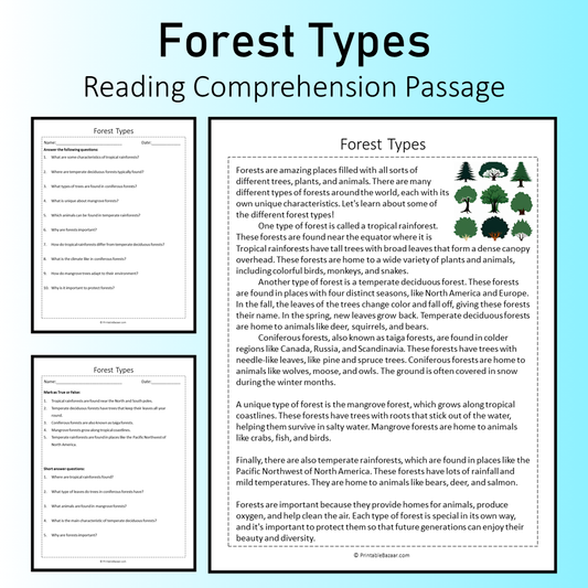Forest Types | Reading Comprehension Passage Printable Worksheet
