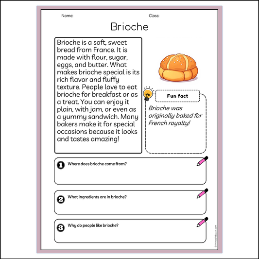 Brioche | Reading Passage Comprehension Questions Writing Facts Worksheet