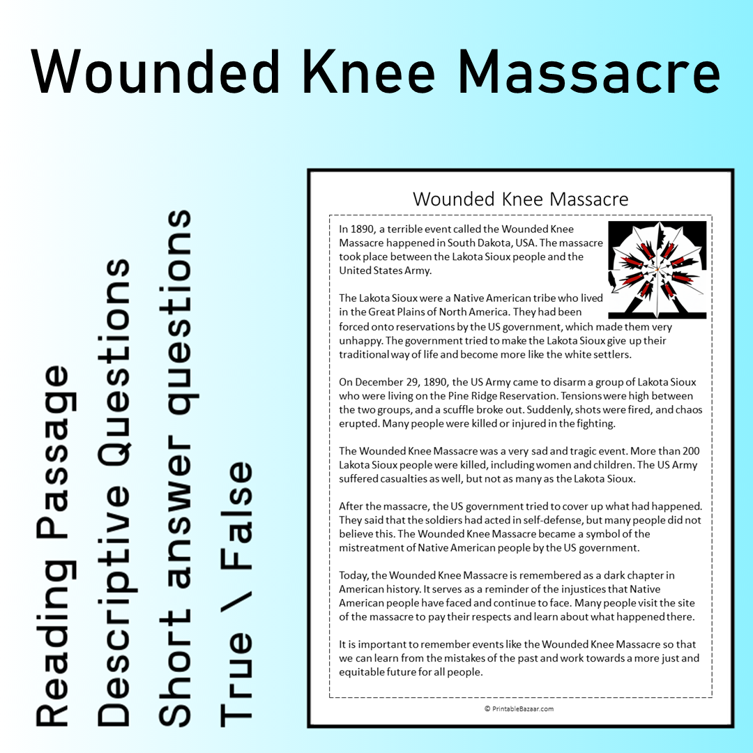 Wounded Knee Massacre | Reading Comprehension Passage Printable Worksheet