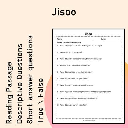 Jisoo | Reading Comprehension Passage Printable Activity