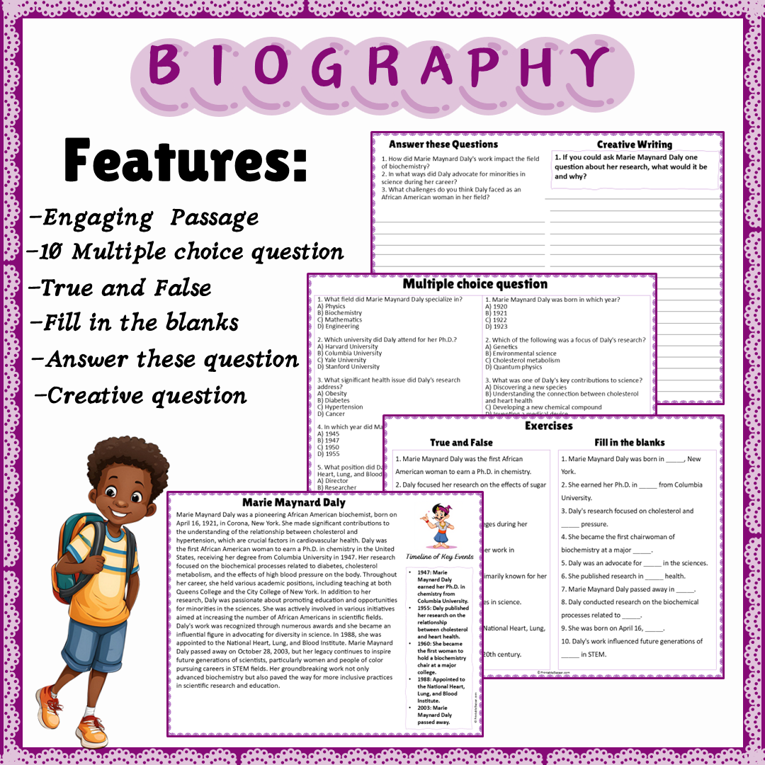 Marie Maynard Daly | Biography Reading Comprehension and Questions Worksheet