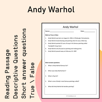 Andy Warhol | Reading Comprehension Passage Printable Activity