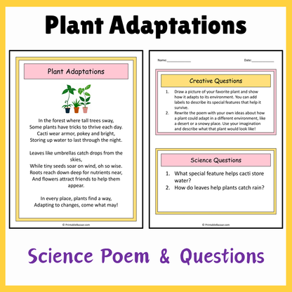 Plant Adaptations | Science Poem Reading Comprehension Activity