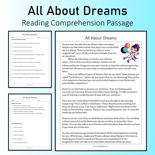 All About Dreams | Reading Comprehension Passage Printable Worksheet