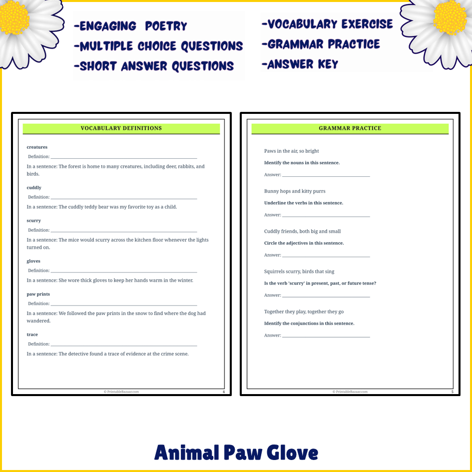 Animal Paw Glove | Poem Grammar Worksheet Printable Activity