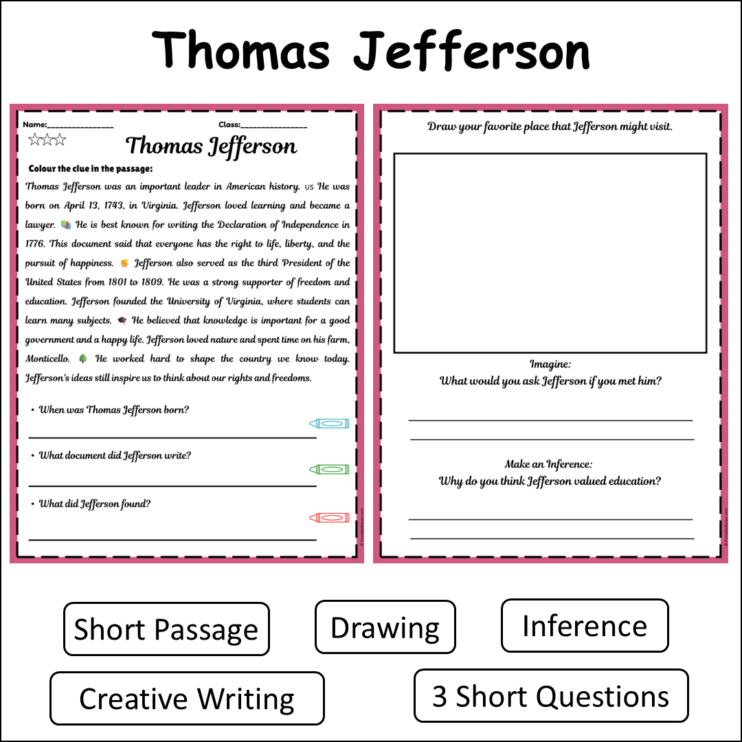 Thomas Jefferson | Short Reading Comprehension Creative Worksheet