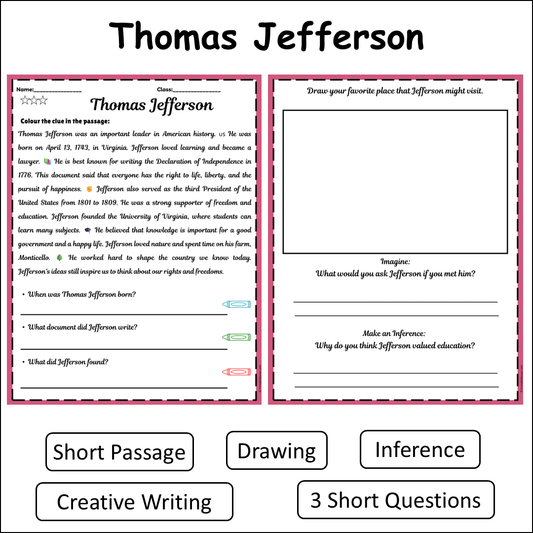 Thomas Jefferson | Short Reading Comprehension Creative Worksheet