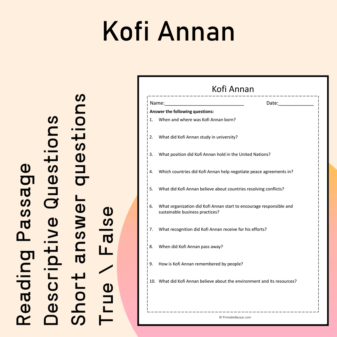 Kofi Annan | Reading Comprehension Passage Printable Activity