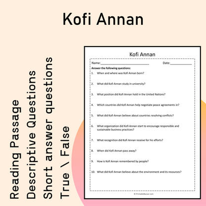 Kofi Annan | Reading Comprehension Passage Printable Activity