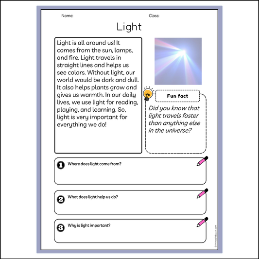 Light | Reading Passage Comprehension Questions Writing Facts Worksheet