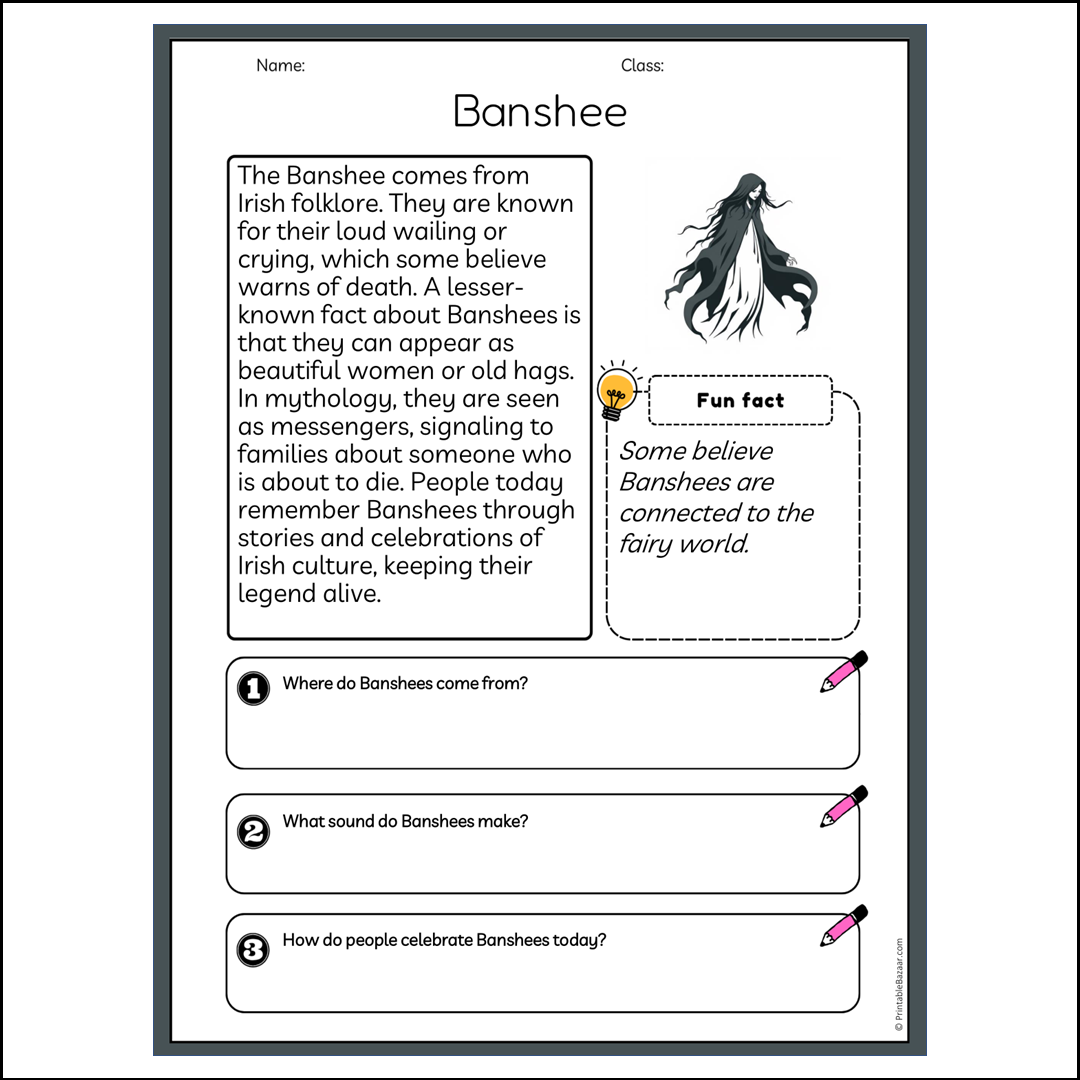 Banshee | Reading Passage Comprehension Questions Writing Facts Worksheet