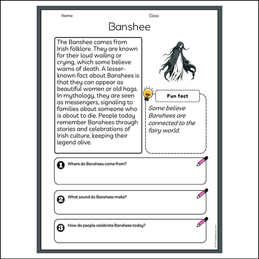 Banshee | Reading Passage Comprehension Questions Writing Facts Worksheet