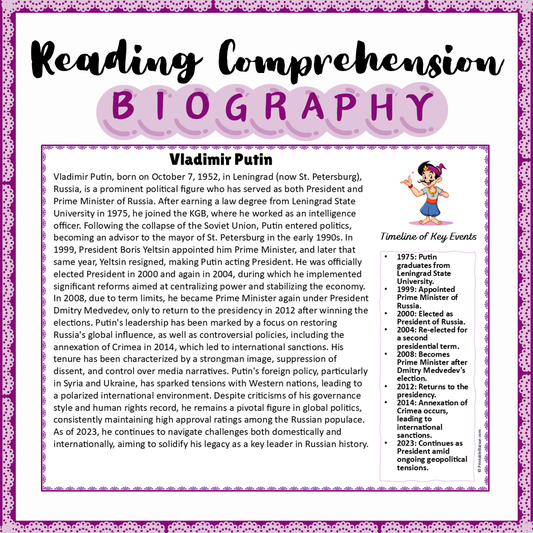 Vladimir Putin | Biography Reading Comprehension and Questions Worksheet