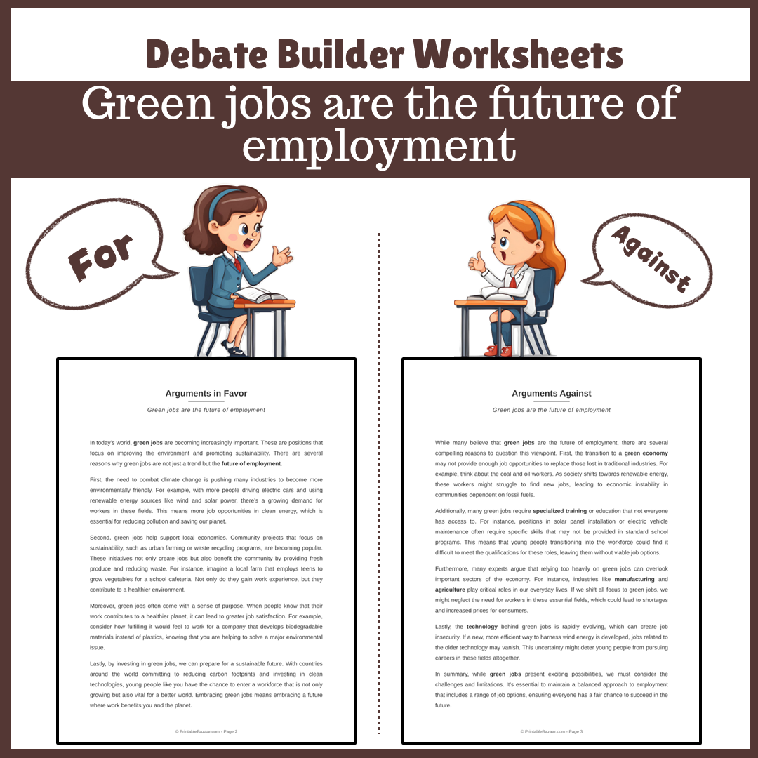 Green jobs are the future of employment | Favour and Against Worksheet Printable Activity