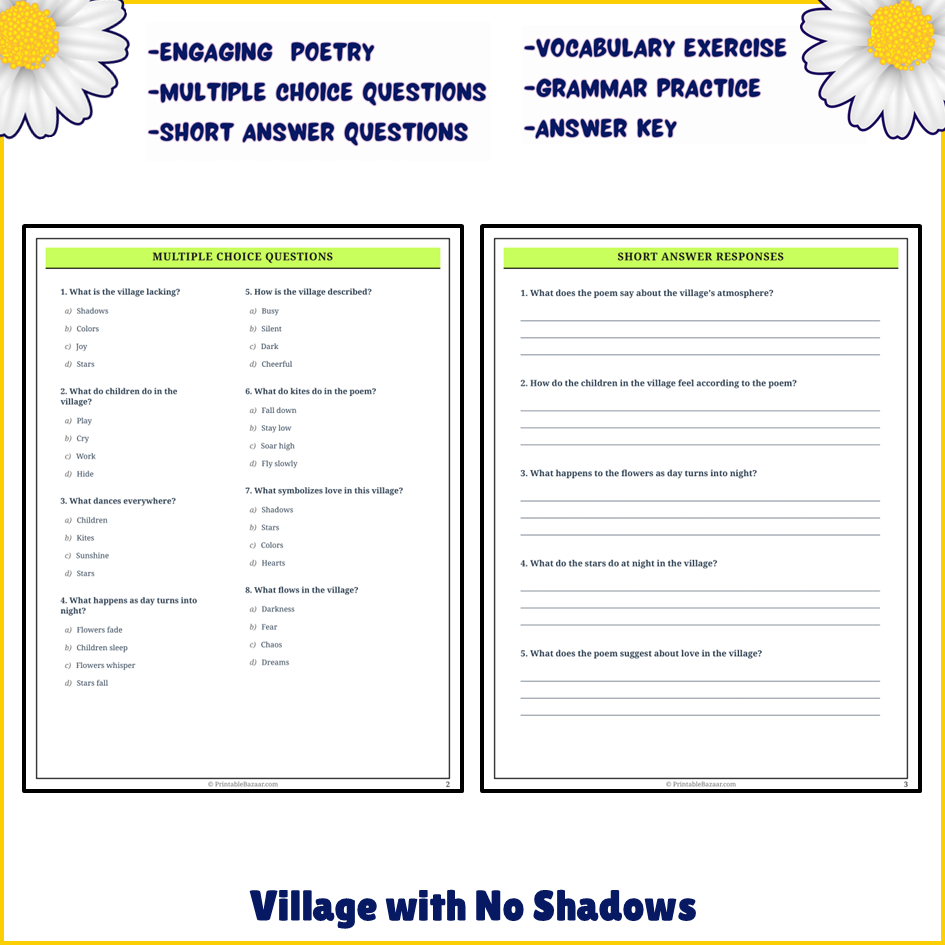 Village with No Shadows | Poem Grammar Worksheet Printable Activity