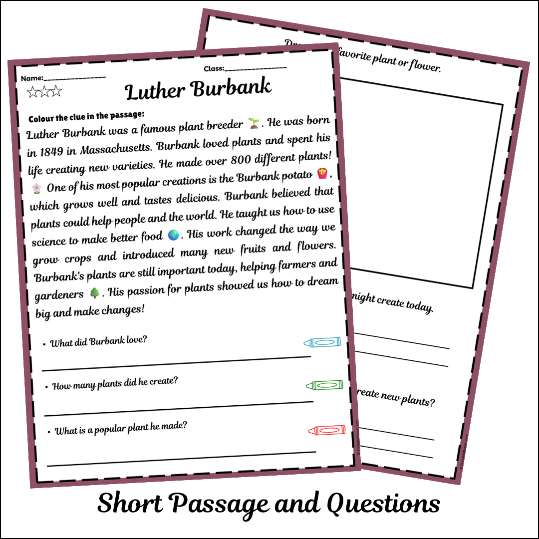 Luther Burbank | Short Reading Comprehension Creative Worksheet