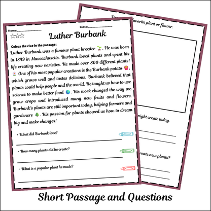 Luther Burbank | Short Reading Comprehension Creative Worksheet