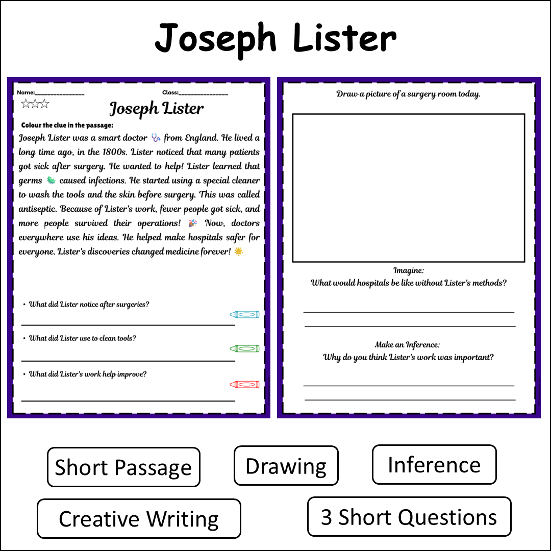Joseph Lister | Short Reading Comprehension Creative Worksheet