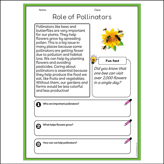 Role of Pollinators | Reading Passage Comprehension Questions Writing Facts Worksheet