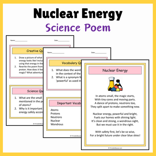 Nuclear Energy | Science Poem Reading Comprehension Activity