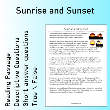 Sunrise and Sunset | Reading Comprehension Passage Printable Worksheet