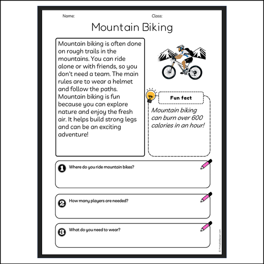 Mountain Biking | Reading Passage Comprehension Questions Writing Facts Worksheet