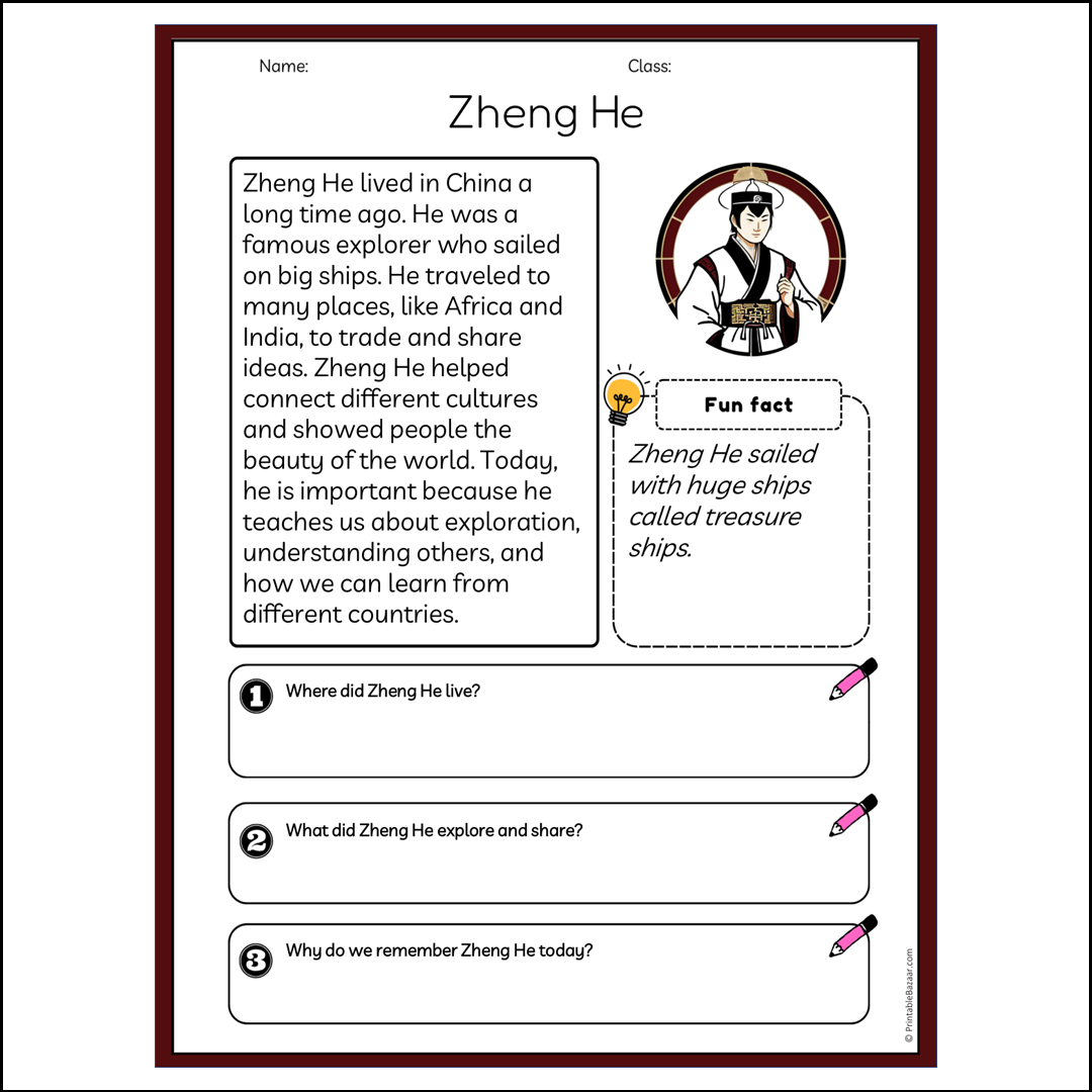 Zheng He | Reading Passage Comprehension Questions Writing Facts Worksheet