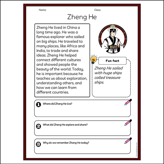 Zheng He | Reading Passage Comprehension Questions Writing Facts Worksheet