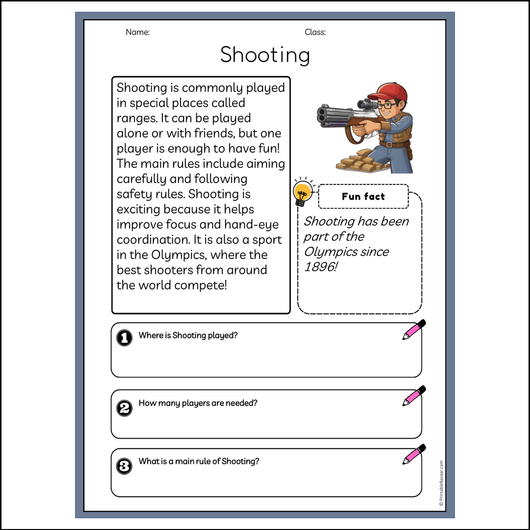 Shooting | Reading Passage Comprehension Questions Writing Facts Worksheet