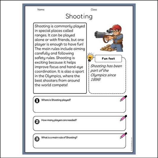 Shooting | Reading Passage Comprehension Questions Writing Facts Worksheet