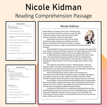 Nicole Kidman | Reading Comprehension Passage Printable Activity