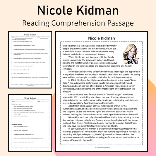 Nicole Kidman | Reading Comprehension Passage Printable Activity