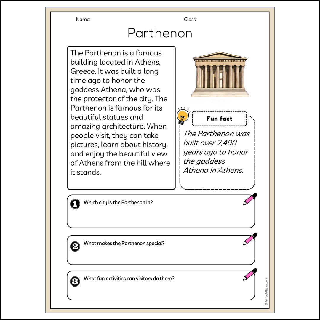 Parthenon | Reading Passage Comprehension Questions Writing Facts Worksheet
