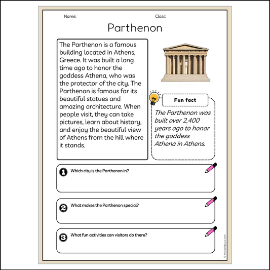 Parthenon | Reading Passage Comprehension Questions Writing Facts Worksheet
