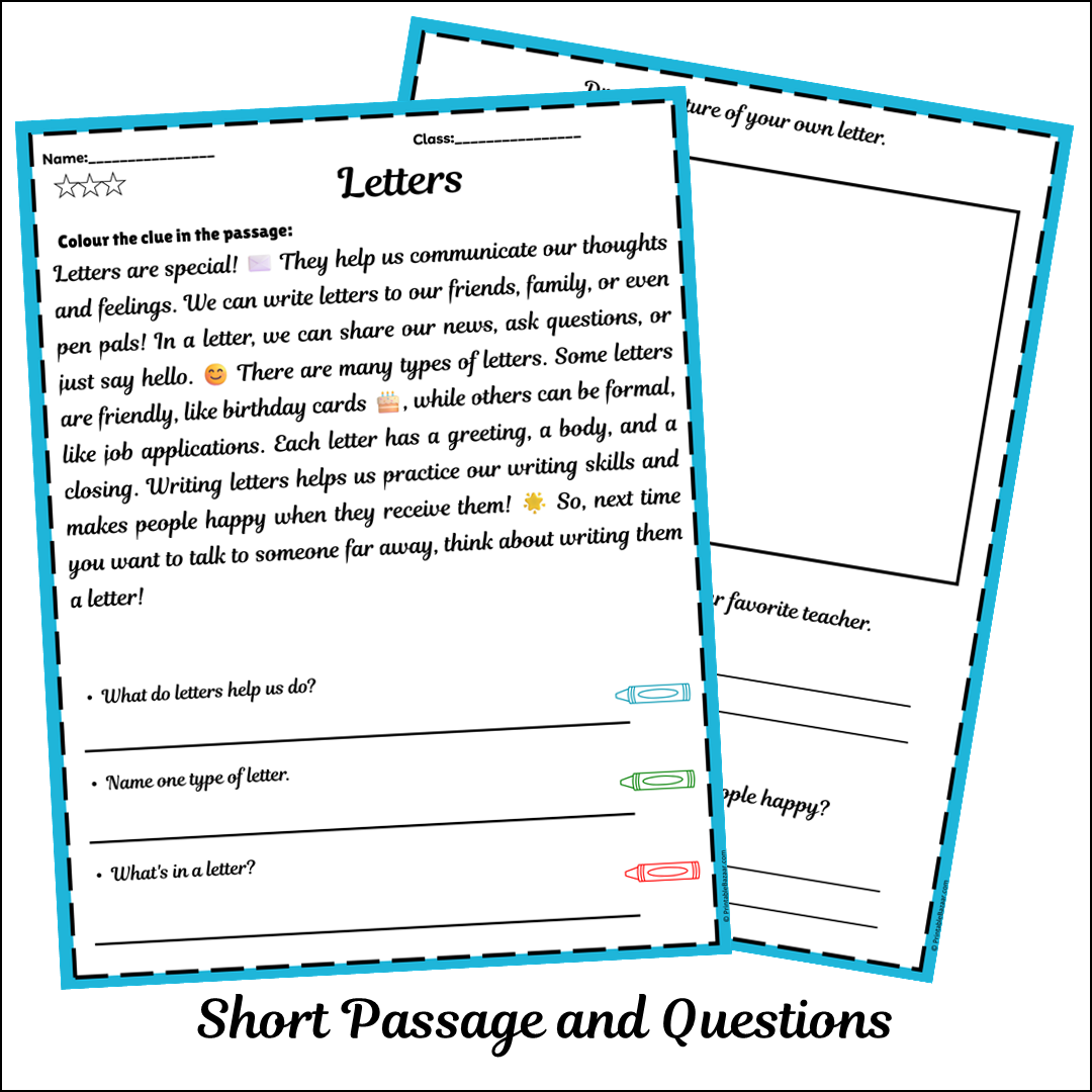 Letters | Short Reading Comprehension Creative Worksheet