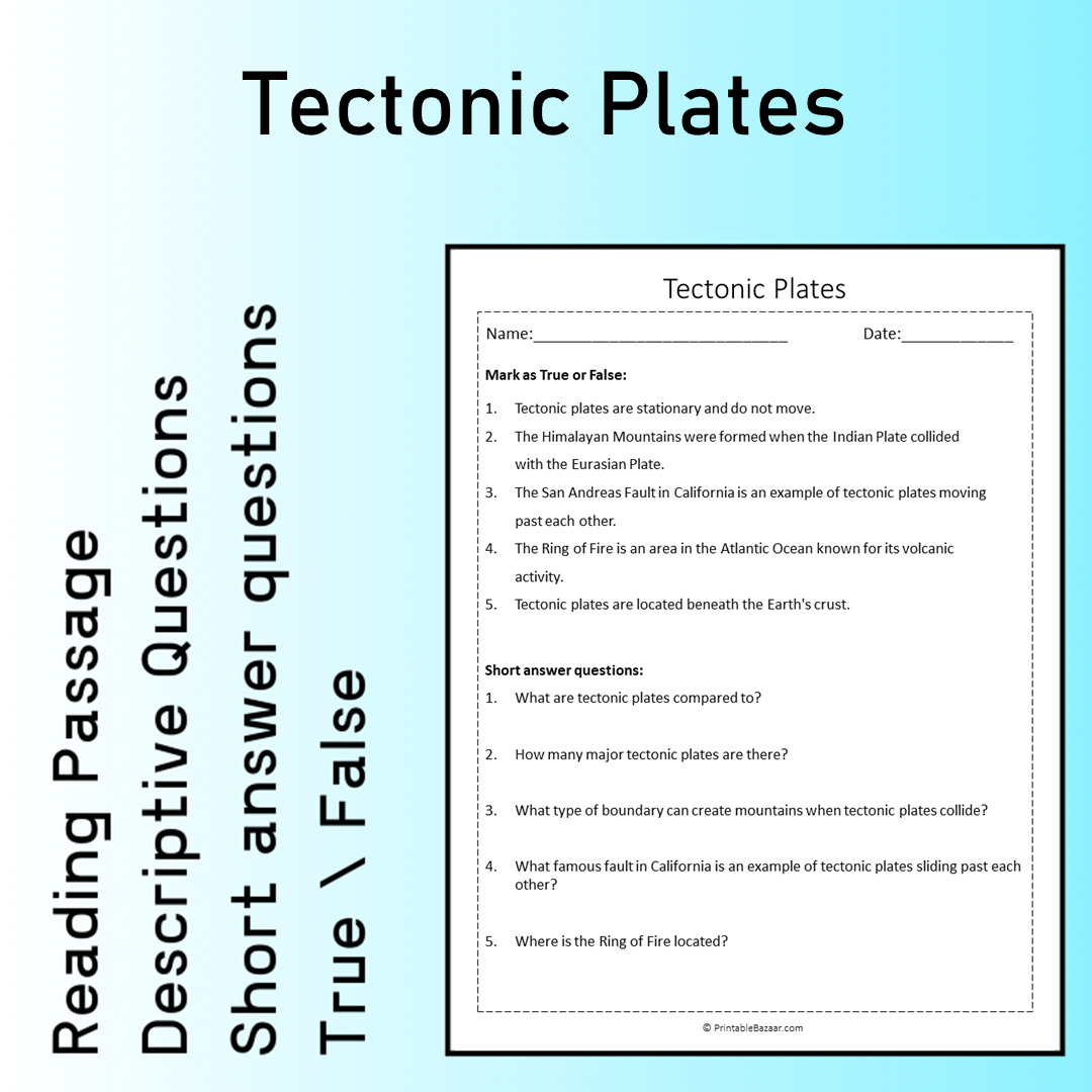 Tectonic Plates | Reading Comprehension Passage Printable Worksheet