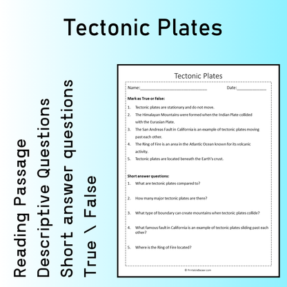 Tectonic Plates | Reading Comprehension Passage Printable Worksheet