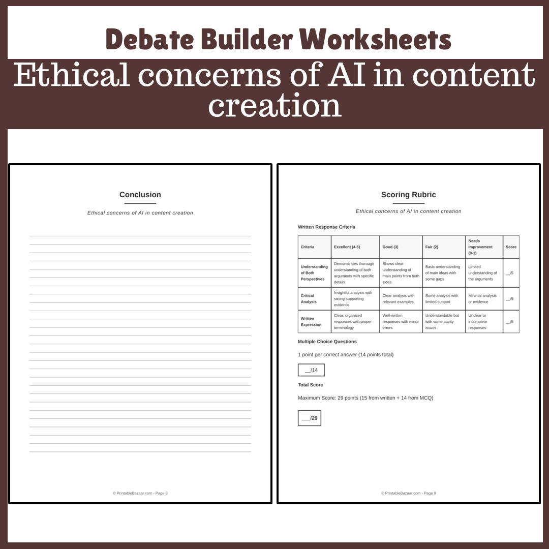 Ethical concerns of AI in content creation | Favour and Against Worksheet Printable Activity