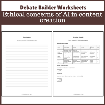 Ethical concerns of AI in content creation | Favour and Against Worksheet Printable Activity